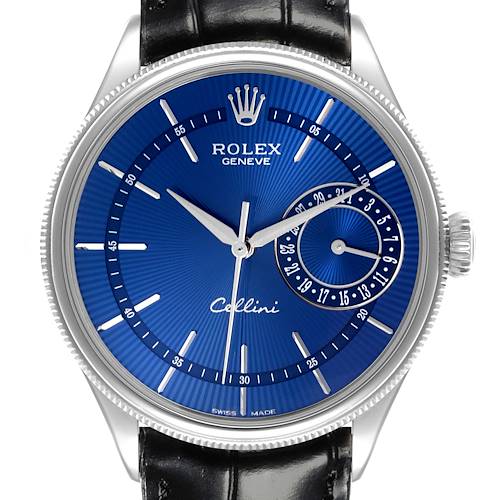 The Rolex Cellini 50519 Men's White Gold Blue Dial 50519 Men's White Gold Blue Dial watch is shown from the front, displaying the blue dial, hands, date subdial, and leather strap.