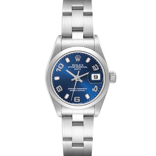 The image shows a front view of the Rolex Date 79160 Women's Stainless Steel Blue Dial 79160 Women's Stainless Steel Blue Dial model, displaying the dial, case, bracelet, and date window.