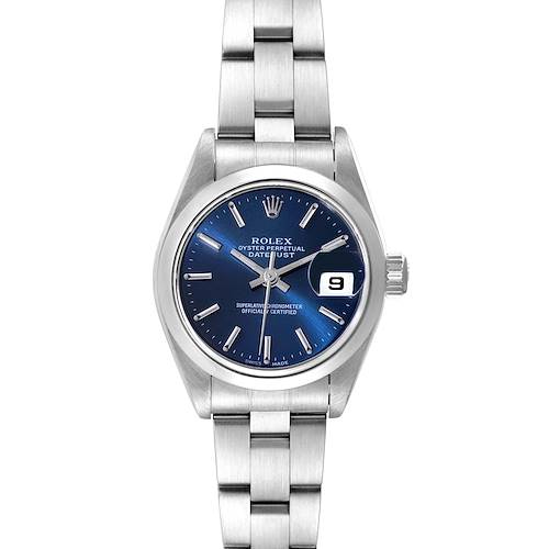 The image shows a front view of the Rolex Date 69160 Women's Stainless Steel Blue Dial 69160 Women's Stainless Steel Blue Dial model, displaying its blue dial, date window, and stainless steel bracelet.