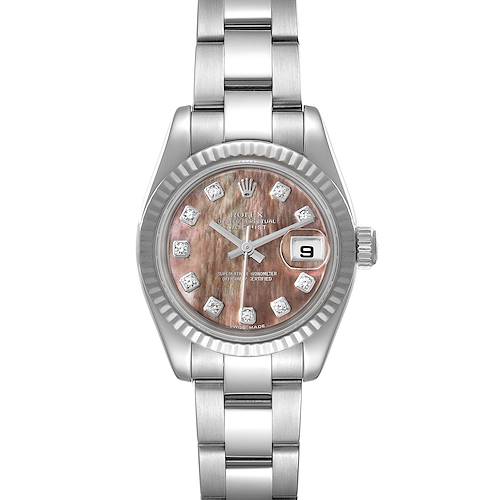 This image shows a front view of the Rolex Datejust 179174 Women's Stainless Steel Mother of Pearl Dial 179174 Women's Stainless Steel Mother of Pearl Dial model, highlighting the dial, hands, bezel, and bracelet.
