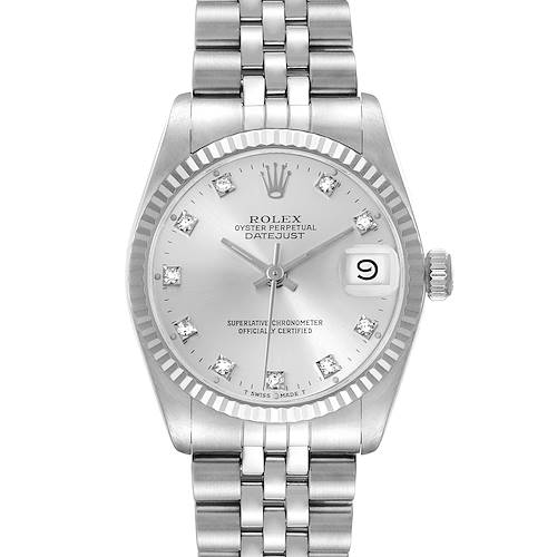 The Rolex Datejust Mid-Size watch is shown from the front, featuring the dial, bezel, crown, and bracelet.