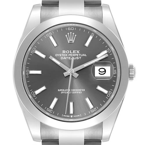 The Rolex Datejust 41 126300 Men's Stainless Steel Grey Dial 126300 Men's Stainless Steel Grey Dial watch is shown from the front, highlighting the dial, date window, and stainless steel bracelet.