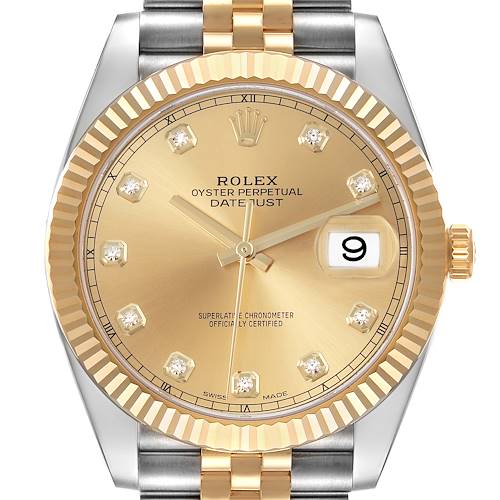 The Rolex Datejust 41 126333 Men's Steel and Gold (two tone) Champagne Dial 126333 Men's Steel and Gold (two tone) Champagne Dial is shown from a front angle, highlighting its gold sunray dial, fluted bezel, and Jubilee bracelet.