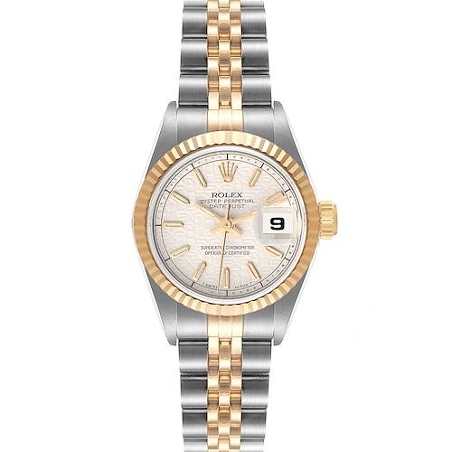 The image shows a Rolex Datejust 69173 Women's Steel and Gold (two tone) Beige Dial 69173 Women's Steel and Gold (two tone) Beige Dial watch from a top-down angle, featuring the dial, bezel, and bracelet.