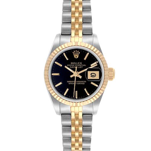The Rolex Datejust 69173 Women's Steel and Gold (two tone) Black Dial 69173 Women's Steel and Gold (two tone) Black Dial watch is shown from a top-down angle, displaying the dial, bezel, bracelet, and crown.