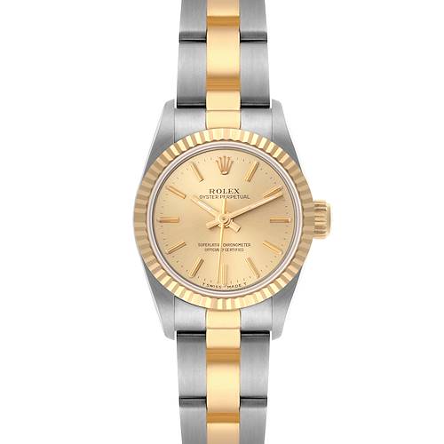 The Rolex Oyster Perpetual 67193 Women's Steel and Gold (two tone) Champagne Dial 67193 Women's Steel and Gold (two tone) Champagne Dial watch is shown from the front, displaying the dial, bezel, and bracelet.