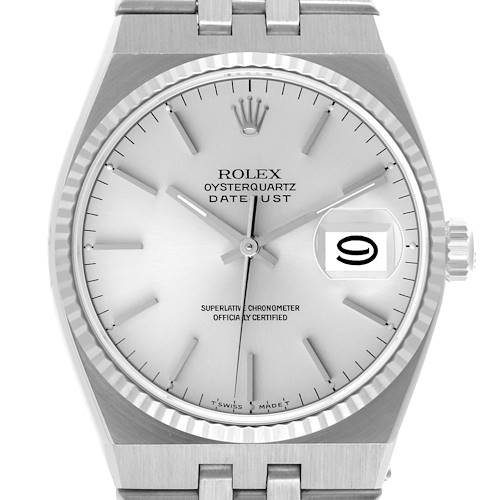 The Rolex Oysterquartz 17014 Men's Stainless Steel Silver Dial 17014 Men's Stainless Steel Silver Dial watch is shown from the front, displaying the face, bezel, crown, and part of the bracelet.
