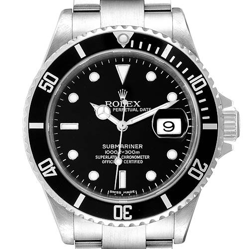The image shows a front view of the Rolex Submariner 16610 Men's Stainless Steel Black Dial 16610 Men's Stainless Steel Black Dial watch, displaying its dial, bezel, date window, and part of its bracelet.
