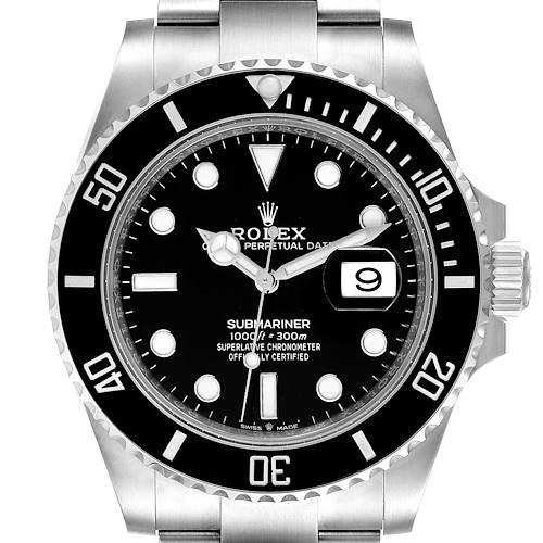 The image shows a front view of the Rolex Submariner 126610 Men's Stainless Steel Black Dial 126610 Men's Stainless Steel Black Dial watch, highlighting its black dial, date window, and rotating bezel.