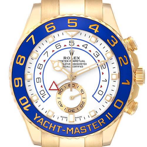 The image shows a front view of the Rolex Yacht-Master 116688 Men's Yellow Gold White Dial 116688 Men's Yellow Gold White Dial II watch, highlighting its bezel and dial details.