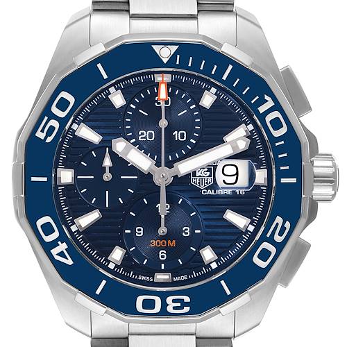 The image shows a close-up of the face and bezel of a Tag Heuer Aquaracer CAY211B.BA0927 Men's Stainless Steel Blue Dial CAY211B.BA0927 Men's Stainless Steel Blue Dial watch, highlighting its dial, subdials, crown, and date window.