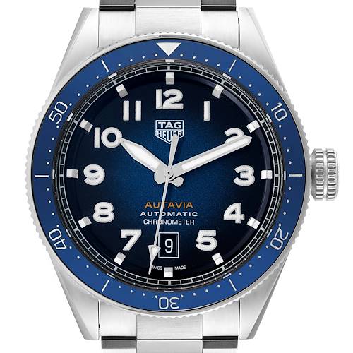 This image shows a front view of the Tag Heuer Autavia WBE5116.EB0173 Men's Stainless Steel Blue Dial WBE5116.EB0173 Men's Stainless Steel Blue Dial watch, highlighting the blue bezel, dial, and date window.