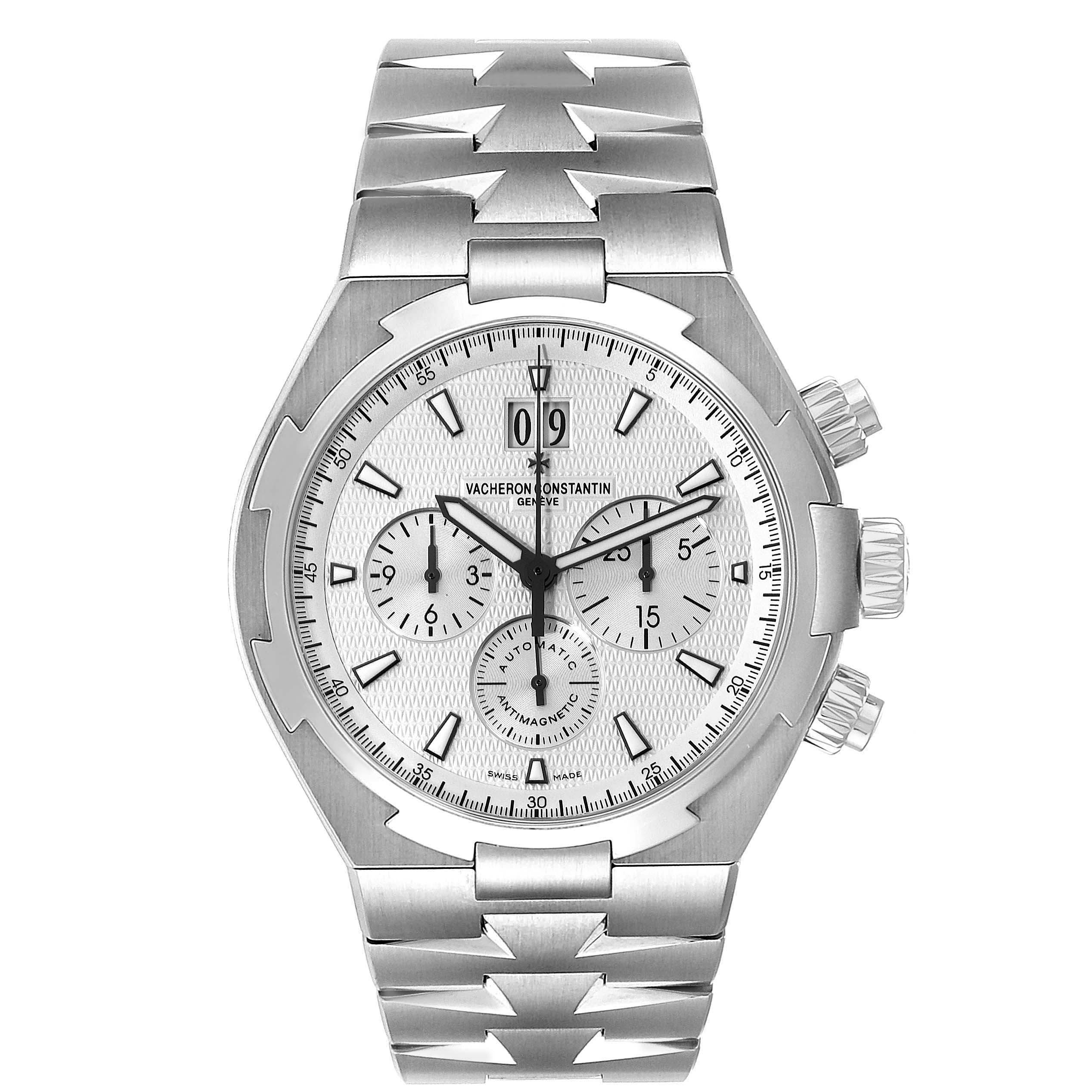 The Vacheron Constantin Overseas 49150/B01A-9095 Men's Stainless Steel Silver Dial 49150/B01A-9095 Men's Stainless Steel Silver Dial watch is shown from a front angle displaying the dial, bracelet, and crown.
