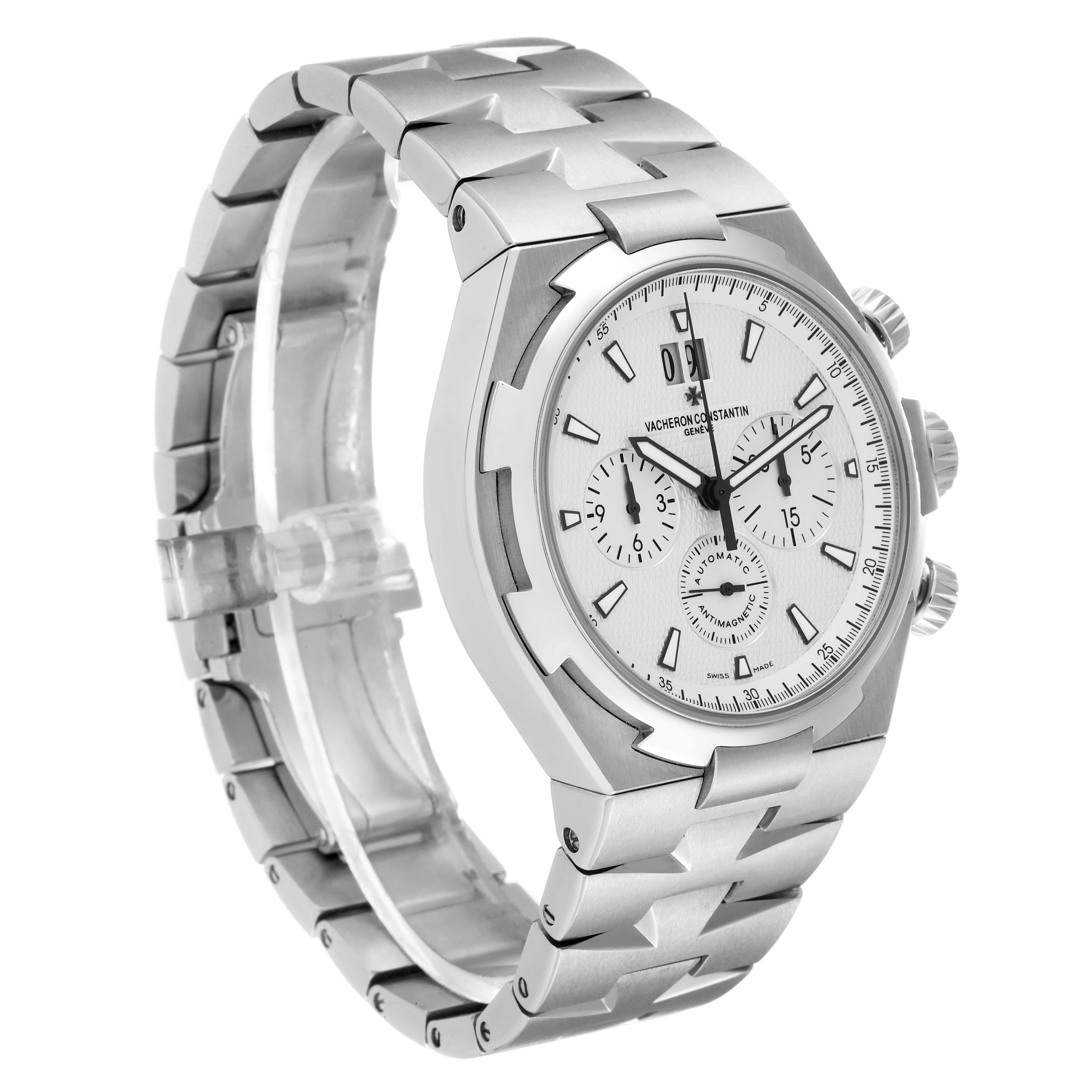The image shows a Vacheron Constantin Overseas 49150/B01A-9095 Men's Stainless Steel Silver Dial 49150/B01A-9095 Men's Stainless Steel Silver Dial model watch at a three-quarter angle, highlighting its dial, bezel, and bracelet.
