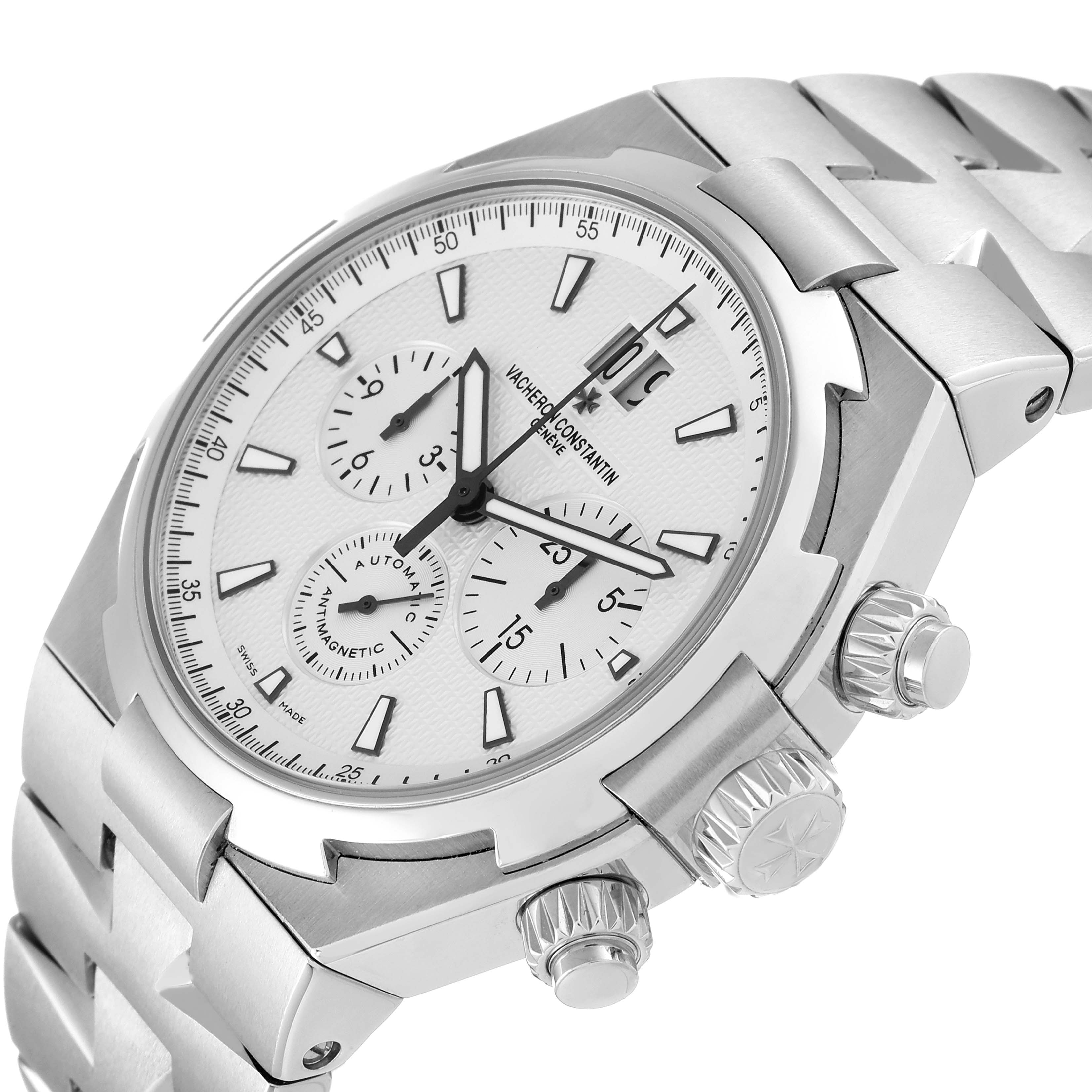 The image shows a side-angle view of the Vacheron Constantin Overseas 49150/B01A-9095 Men's Stainless Steel Silver Dial 49150/B01A-9095 Men's Stainless Steel Silver Dial model watch, highlighting its dial, bezel, crown, and bracelet.