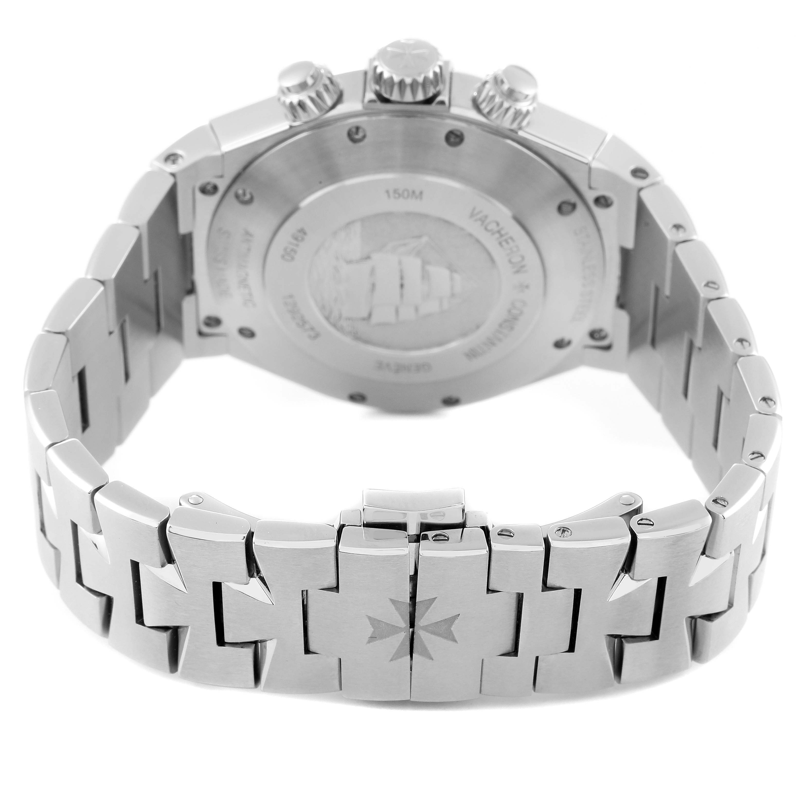 The image shows the back case and bracelet of a Vacheron Constantin Overseas 49150/B01A-9095 Men's Stainless Steel Silver Dial 49150/B01A-9095 Men's Stainless Steel Silver Dial watch from a rear angle.