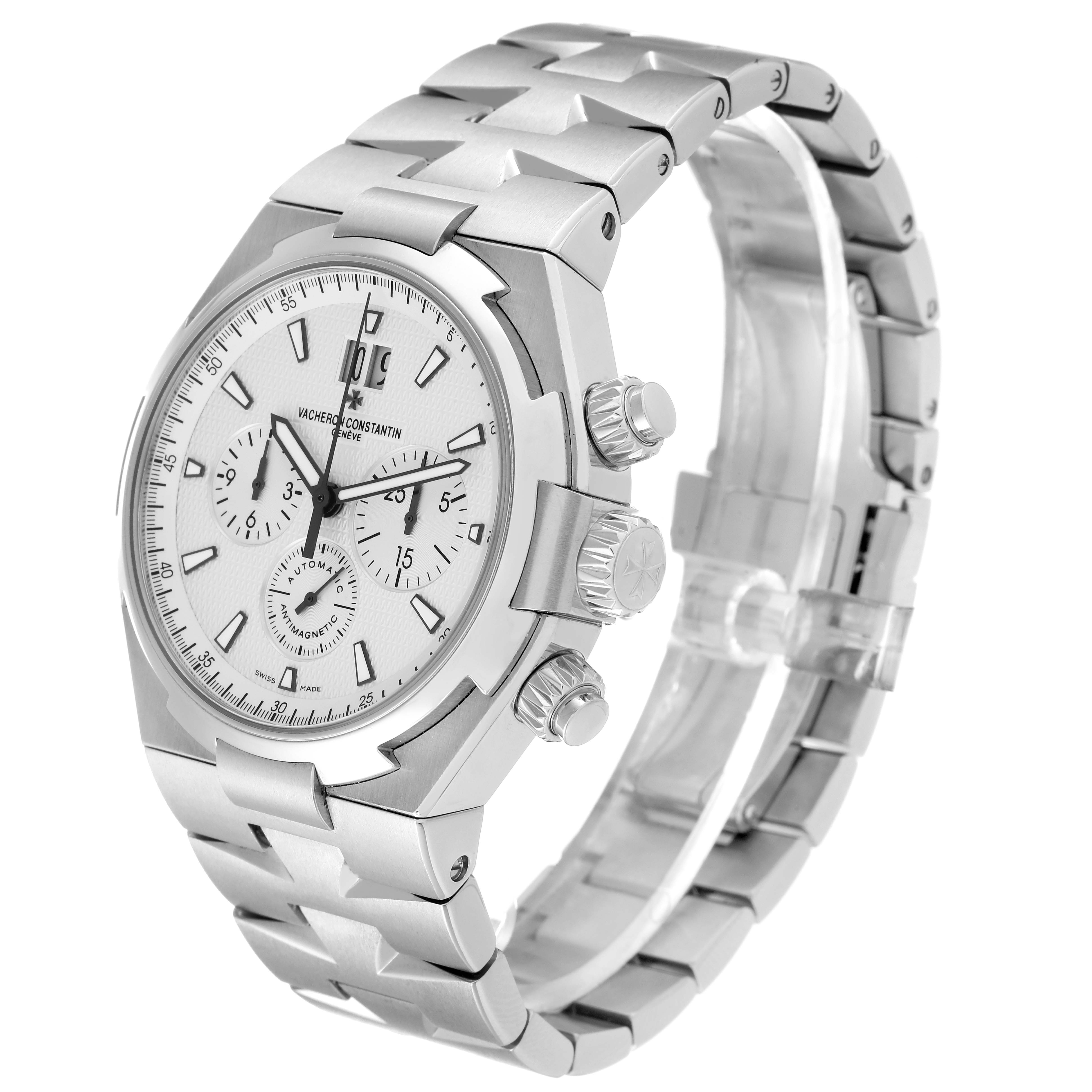 The image shows a side angle of the Vacheron Constantin Overseas 49150/B01A-9095 Men's Stainless Steel Silver Dial 49150/B01A-9095 Men's Stainless Steel Silver Dial model watch, focusing on its face, bracelet, and crown.