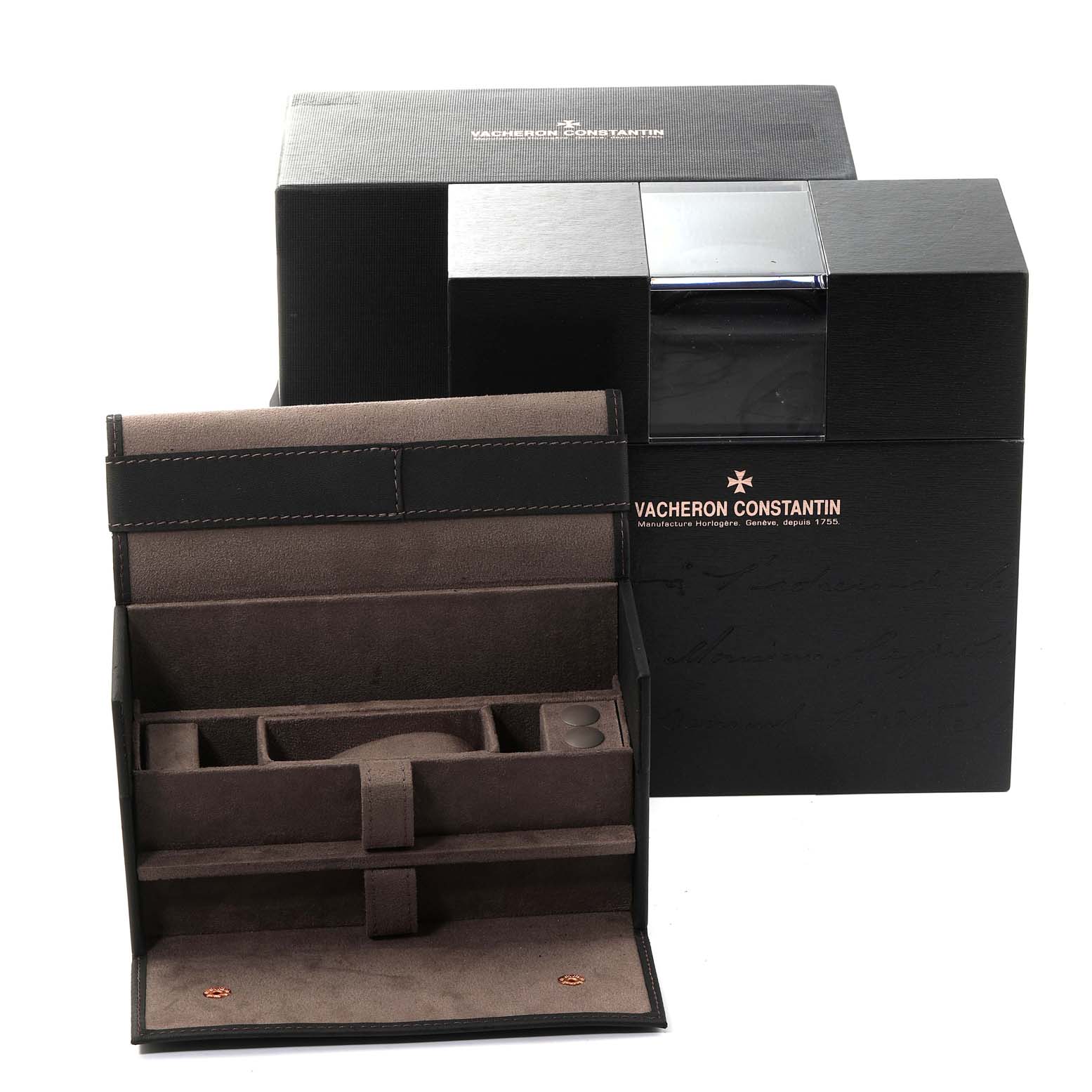 The image shows the packaging and storage box for the Vacheron Constantin Overseas 49150/B01A-9095 Men's Stainless Steel Silver Dial 49150/B01A-9095 Men's Stainless Steel Silver Dial watch, including compartments and branding.