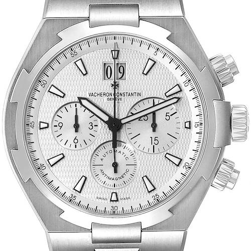 This image shows a front view of the dial and bezel of a Vacheron Constantin Overseas 49150/B01A-9095 Men's Stainless Steel Silver Dial 49150/B01A-9095 Men's Stainless Steel Silver Dial watch, highlighting its chronograph features.