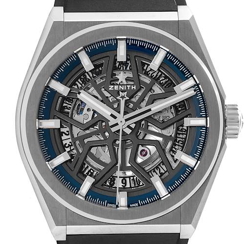 The image shows a front view of the dial of the Zenith Defy 95.9000.670/78.R782 Men's Titanium Grey Dial 95.9000.670/78.R782 Men's Titanium Grey Dial watch, showcasing its intricate skeletonized design.