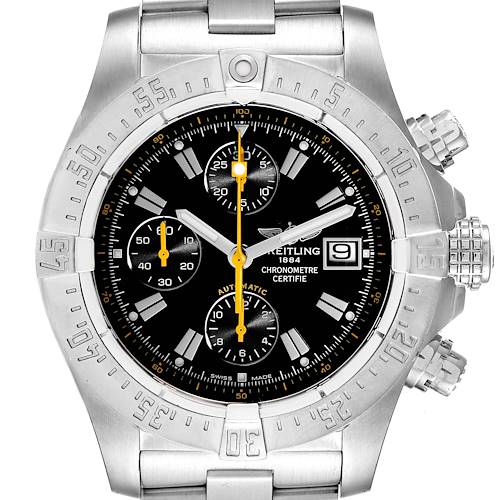 This is a frontal view of the Breitling Avenger A13381 Men's Stainless Steel Black Dial A13381 Men's Stainless Steel Black Dial model, showcasing its bezel, dial, chronograph subdials, and date window.