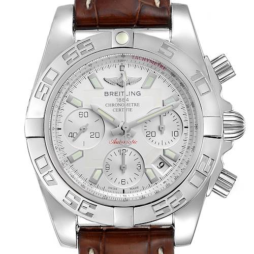 The image shows a front view of a Breitling Chronomat AB0140 Men's Stainless Steel Silver Dial AB0140 Men's Stainless Steel Silver Dial watch, highlighting the dial, bezel, and a portion of the brown leather strap.