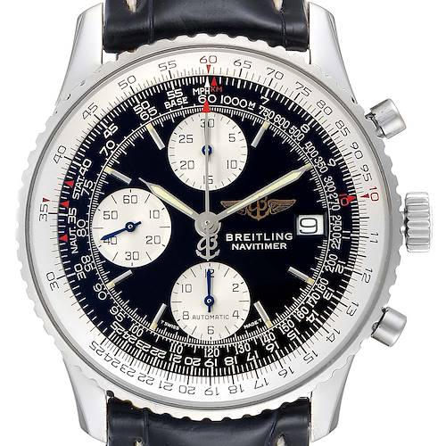 This image shows a front view of a Breitling Navitimer A13022 Men's Stainless Steel Black Dial A13022 Men's Stainless Steel Black Dial watch, displaying its face, bezel, chronograph dials, and crown.