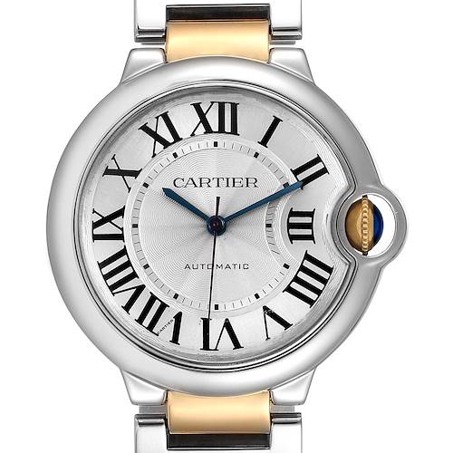 This image displays a front view of the Cartier Ballon Bleu W2BB0012 Women's Steel and Gold (two tone) Silver Dial W2BB0012 Women's Steel and Gold (two tone) Silver Dial watch, highlighting its dial, crown, and part of its bracelet.