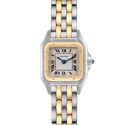 This image shows a front view of a Cartier Panthere W25029B6 Women's Steel and Gold (two tone) Silver Dial W25029B6 Women's Steel and Gold (two tone) Silver Dial watch, displaying its face and two-tone bracelet.