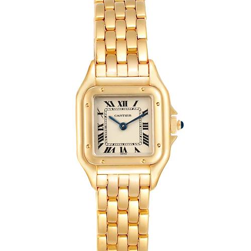 The image shows a frontal view of the Cartier Panthere W25022B9 Women's Yellow Gold Silver Dial W25022B9 Women's Yellow Gold Silver Dial watch, displaying its gold link bracelet and square face with Roman numerals.