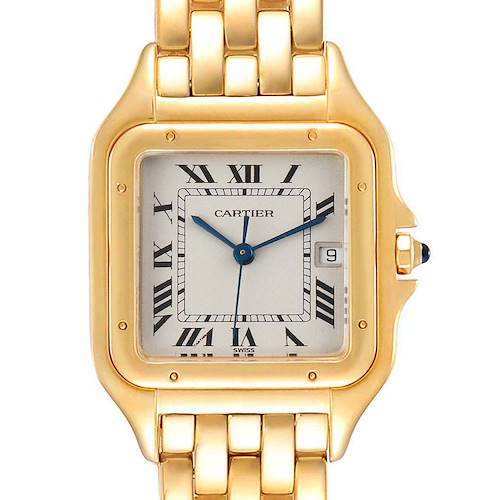This image shows a close-up, front view of the Cartier Panthere W25014B9 Men's Yellow Gold Silver Dial W25014B9 Men's Yellow Gold Silver Dial watch, highlighting its dial, hands, and part of the bracelet.