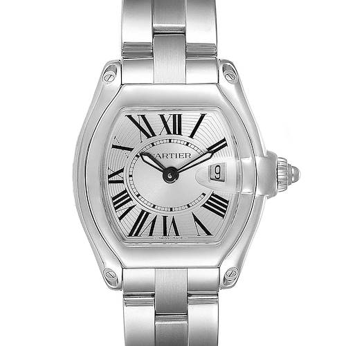 The image shows a Cartier Roadster W62016V3 Women's Stainless Steel Silver Dial W62016V3 Women's Stainless Steel Silver Dial watch from a front angle, highlighting the dial, case, band, and date display.