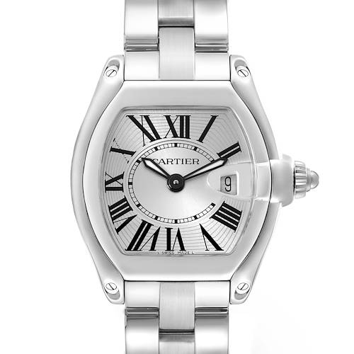 The Cartier Roadster W62016V3 Women's Stainless Steel Silver Dial W62016V3 Women's Stainless Steel Silver Dial watch is shown from the front, displaying its dial, Roman numerals, metal bracelet, and date window.