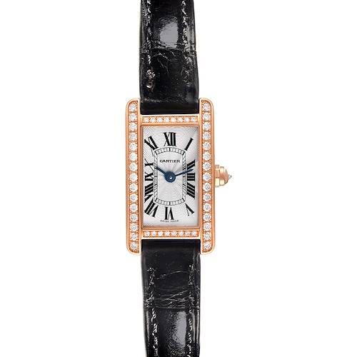 The Cartier Tank Americaine WB710014 Women's Rose Gold Silver Dial WB710014 Women's Rose Gold Silver Dial watch is shown from a top view, highlighting its rectangular face, black strap, and diamond bezel.