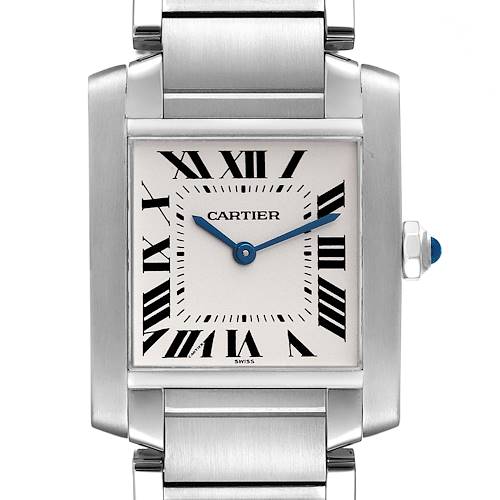 This image shows a close-up, front view of the Cartier Tank Francaise W51003Q3 Women's Stainless Steel Silver Dial W51003Q3 Women's Stainless Steel Silver Dial watch, highlighting its face and part of the bracelet.