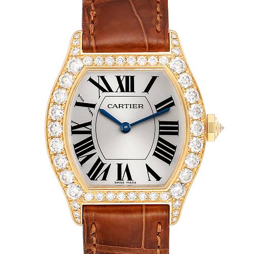 The image shows a Cartier Tortue WA503751 Women's Yellow Gold Silver Dial WA503751 Women's Yellow Gold Silver Dial watch, front view, highlighting its diamond-encrusted bezel and leather strap.