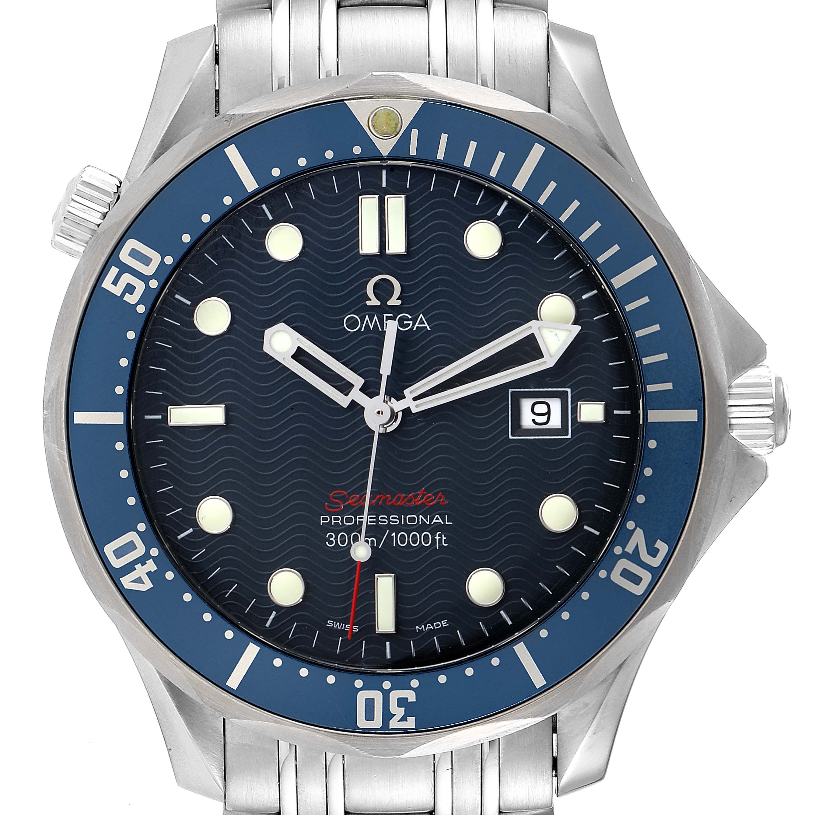 The image shows a front view of the Omega Seamaster 2221.80.00 Men's Stainless Steel Blue Dial 2221.80.00 Men's Stainless Steel Blue Dial watch, displaying its dial, bezel, hands, and part of the bracelet.