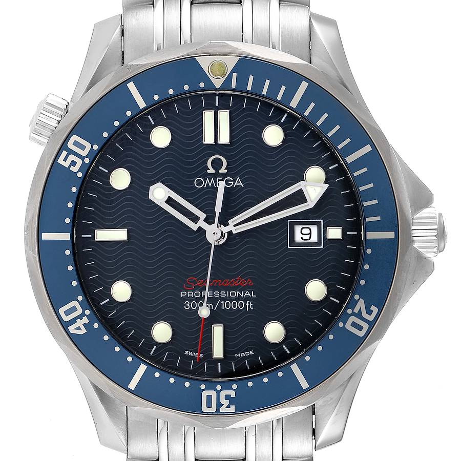 The image shows a front view of the Omega Seamaster 2221.80.00 Men's Stainless Steel Blue Dial 2221.80.00 Men's Stainless Steel Blue Dial watch, displaying its dial, bezel, hands, and part of the bracelet.