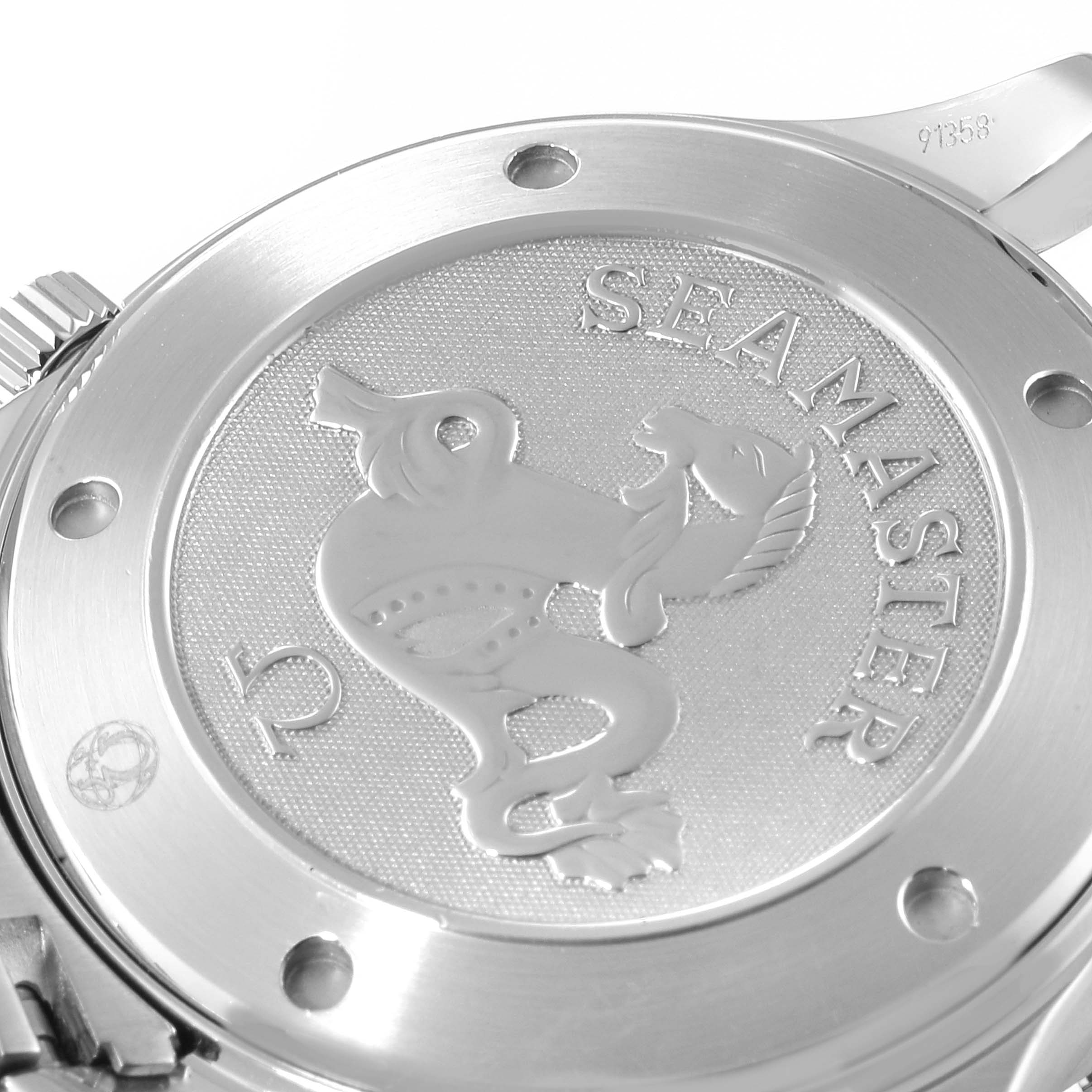 This image shows the case back of the Omega Seamaster 2221.80.00 Men's Stainless Steel Blue Dial 2221.80.00 Men's Stainless Steel Blue Dial watch, featuring an engraved emblem and text.