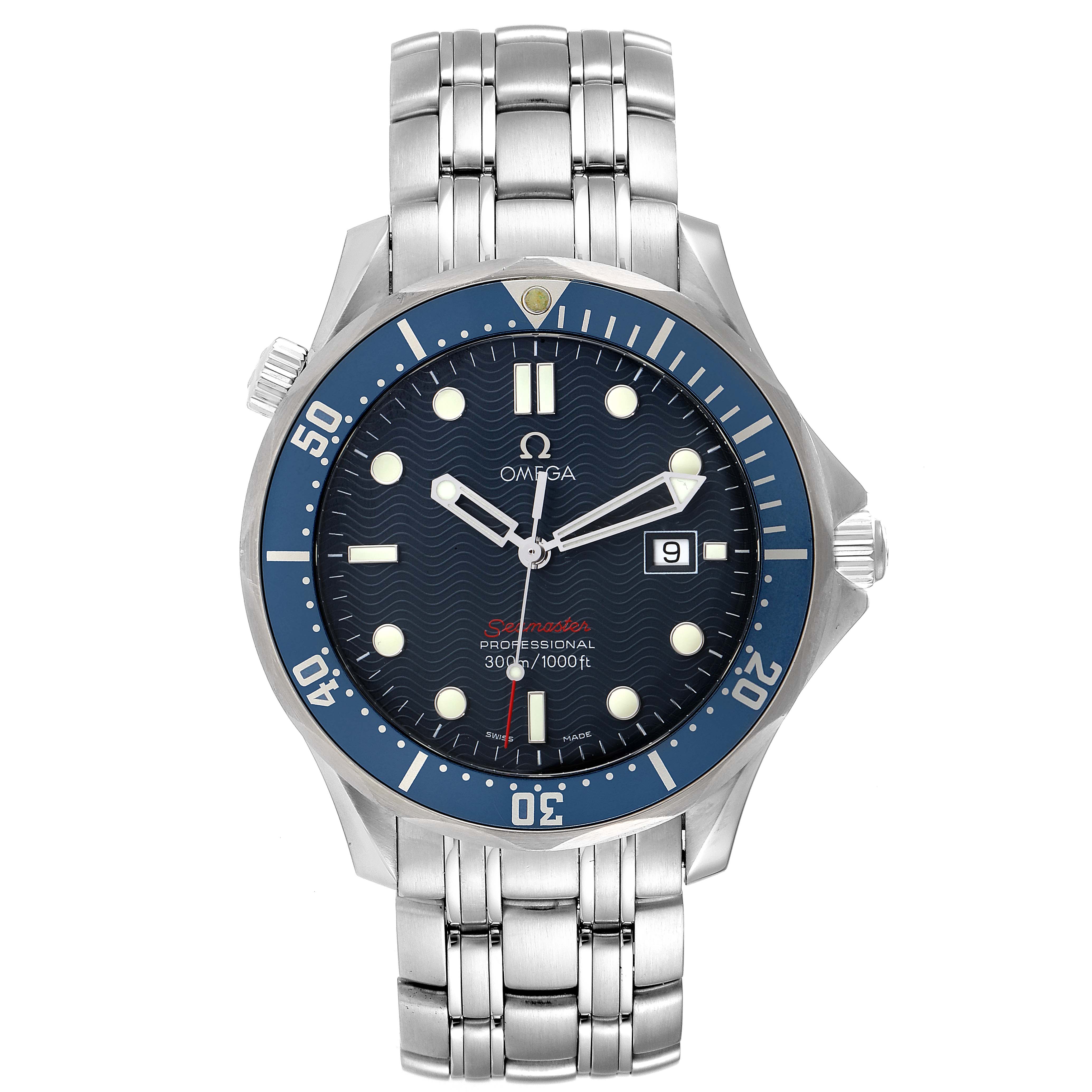 This image shows a front view of an Omega Seamaster 2221.80.00 Men's Stainless Steel Blue Dial 2221.80.00 Men's Stainless Steel Blue Dial watch, highlighting the face, bezel, and bracelet.