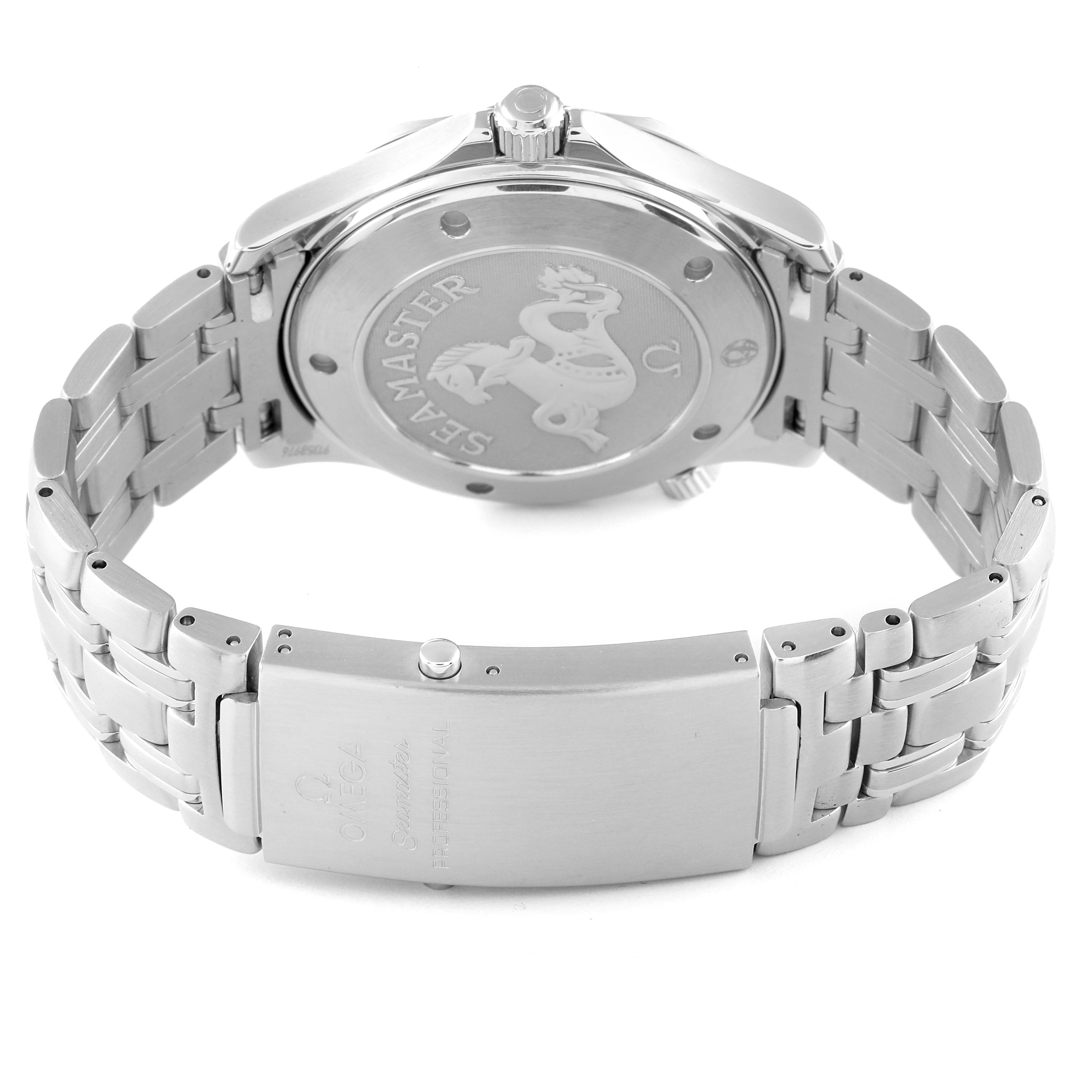 The image shows the back case and bracelet clasp of an Omega Seamaster 2221.80.00 Men's Stainless Steel Blue Dial 2221.80.00 Men's Stainless Steel Blue Dial watch, emphasizing the engraved details and brushed metal finish.