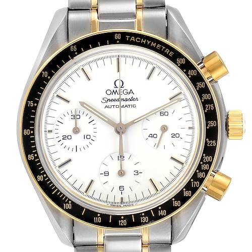 This image shows a front view of an Omega Speedmaster 3310.20.00 Men's Steel and Gold (two tone) White Dial 3310.20.00 Men's Steel and Gold (two tone) White Dial watch, highlighting the dial, tachymeter bezel, and stainless steel with gold accents in the bracelet and crown.