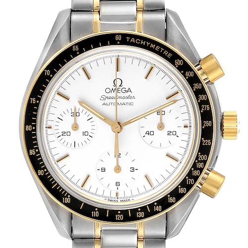 This Omega Speedmaster 3310.20.00 Men's Steel and Gold (two tone) White Dial 3310.20.00 Men's Steel and Gold (two tone) White Dial watch is shown from a front angle, highlighting its white dial, black bezel, gold accents, and chronograph sub-dials.