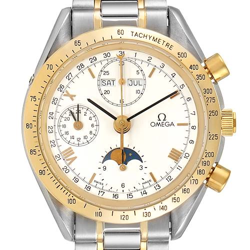 The image shows a front view of the Omega Speedmaster 3330.20.00 Men's Steel and Gold (two tone) White Dial 3330.20.00 Men's Steel and Gold (two tone) White Dial watch, highlighting its dial, tachymeter bezel, and subdials.