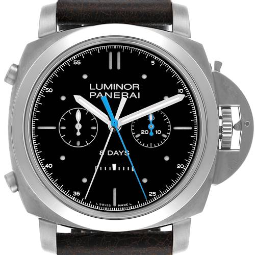 This image shows a front view of the Panerai Luminor PAM00530 Men's Titanium Black Dial PAM00530 Men's Titanium Black Dial watch, highlighting the dial, hands, and crown protector.