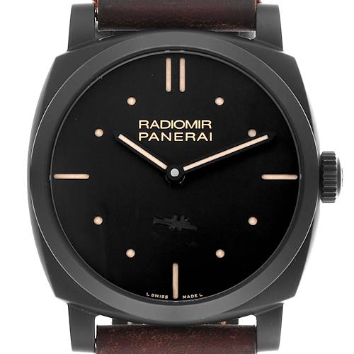 The image shows a front view of a Panerai Radiomir PAM00577 Men's Ceramic Black Dial PAM00577 Men's Ceramic Black Dial watch, highlighting the dial, hands, and crown.