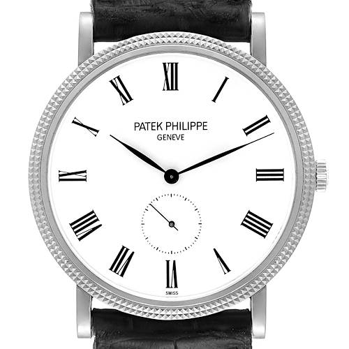 This image shows the front face and bezel of a Patek Philippe Calatrava 5119G Men's White Gold White Dial 5119G Men's White Gold White Dial model watch with Roman numerals and a leather strap.