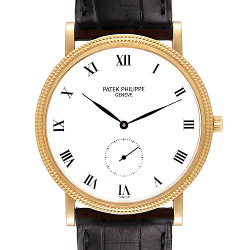 The image shows a frontal view of a Patek Philippe Calatrava 3919 Men's Yellow Gold White Dial 3919 Men's Yellow Gold White Dial watch with a gold case, Roman numerals, and a black leather strap.