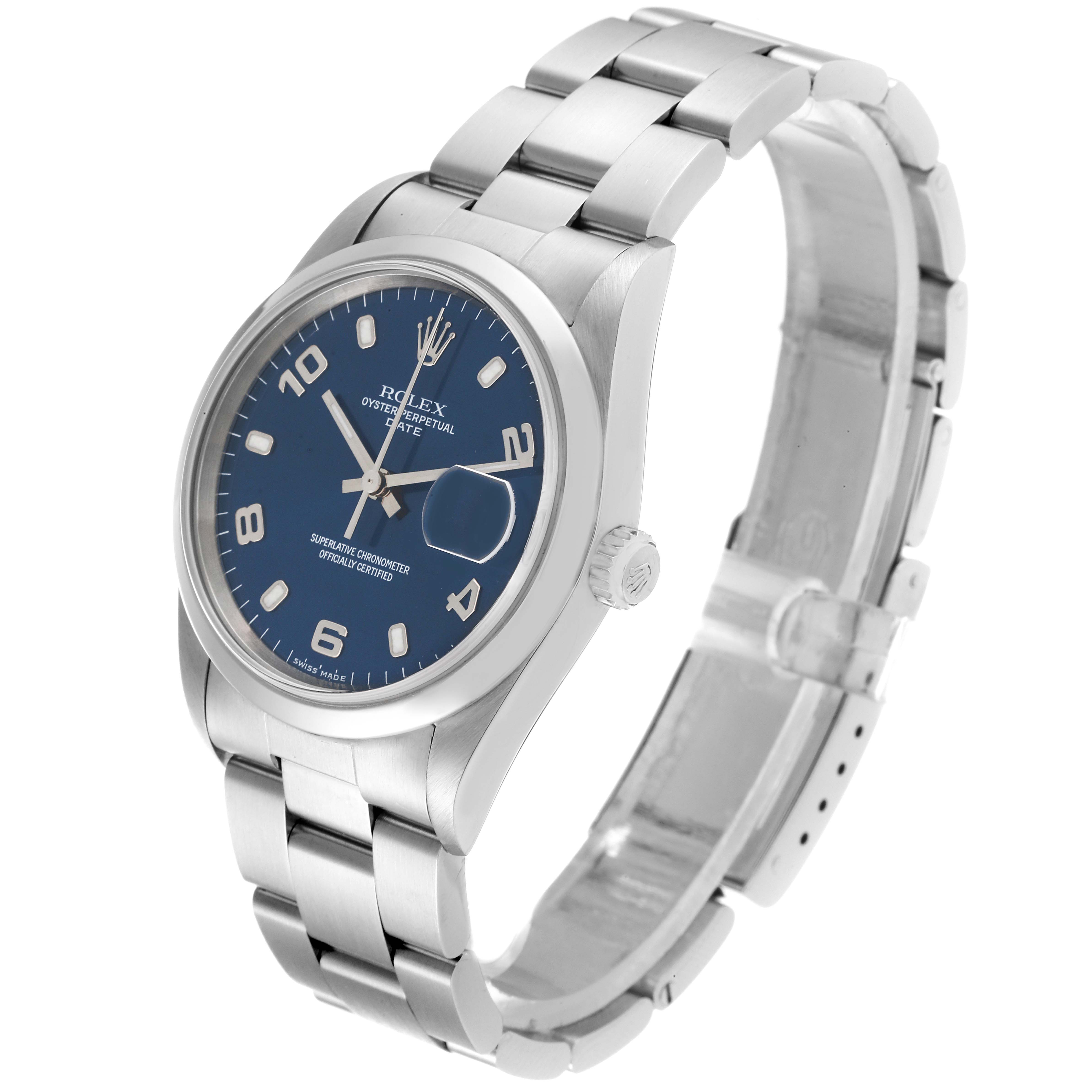 The Rolex Date 15200 Men's Stainless Steel Blue Dial 15200 Men's Stainless Steel Blue Dial model watch is shown at a slight angle, displaying the face, bezel, crown, and bracelet.