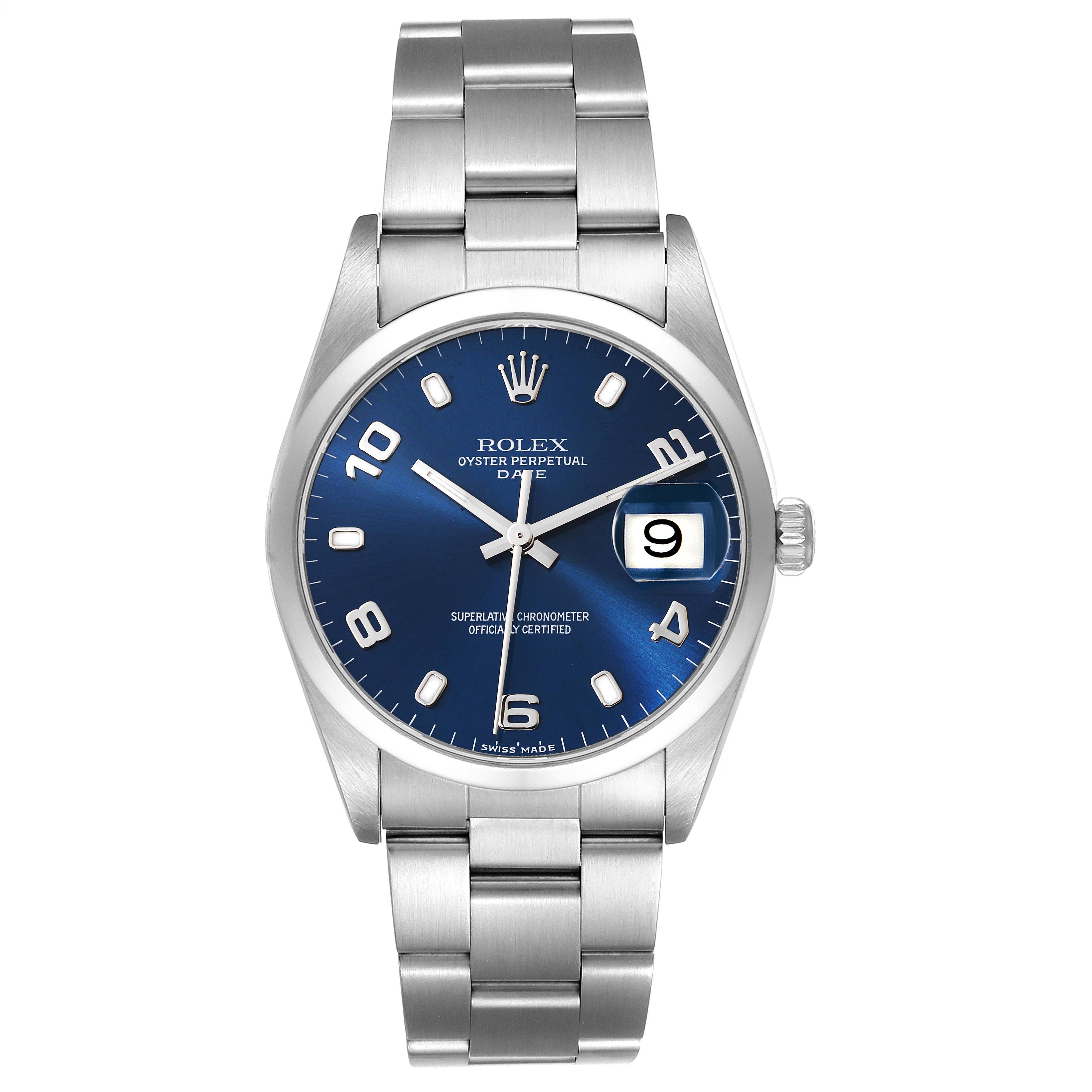 This is a front view of the Rolex Date 15200 Men's Stainless Steel Blue Dial 15200 Men's Stainless Steel Blue Dial model watch, showing its stainless steel bracelet, blue dial, and date window.